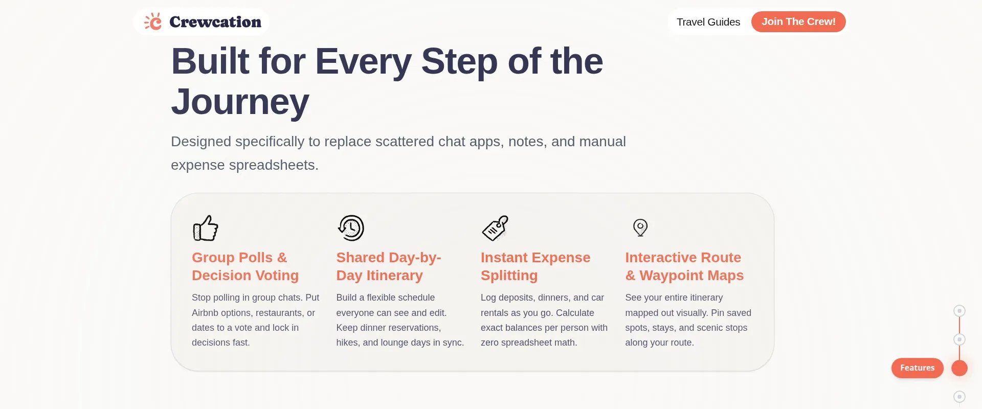 Crewcation website features section on desktop, showing what the app does for group trips